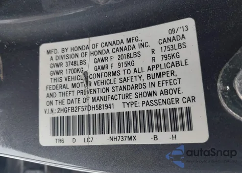 2013 Honda Civic Lx from USA, damaged, VIN 2HGFB2F57DH581941